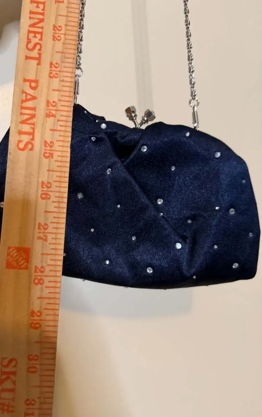Vintage Black Satin Rhinestone Embellished Evening Clutch with Chain Strap